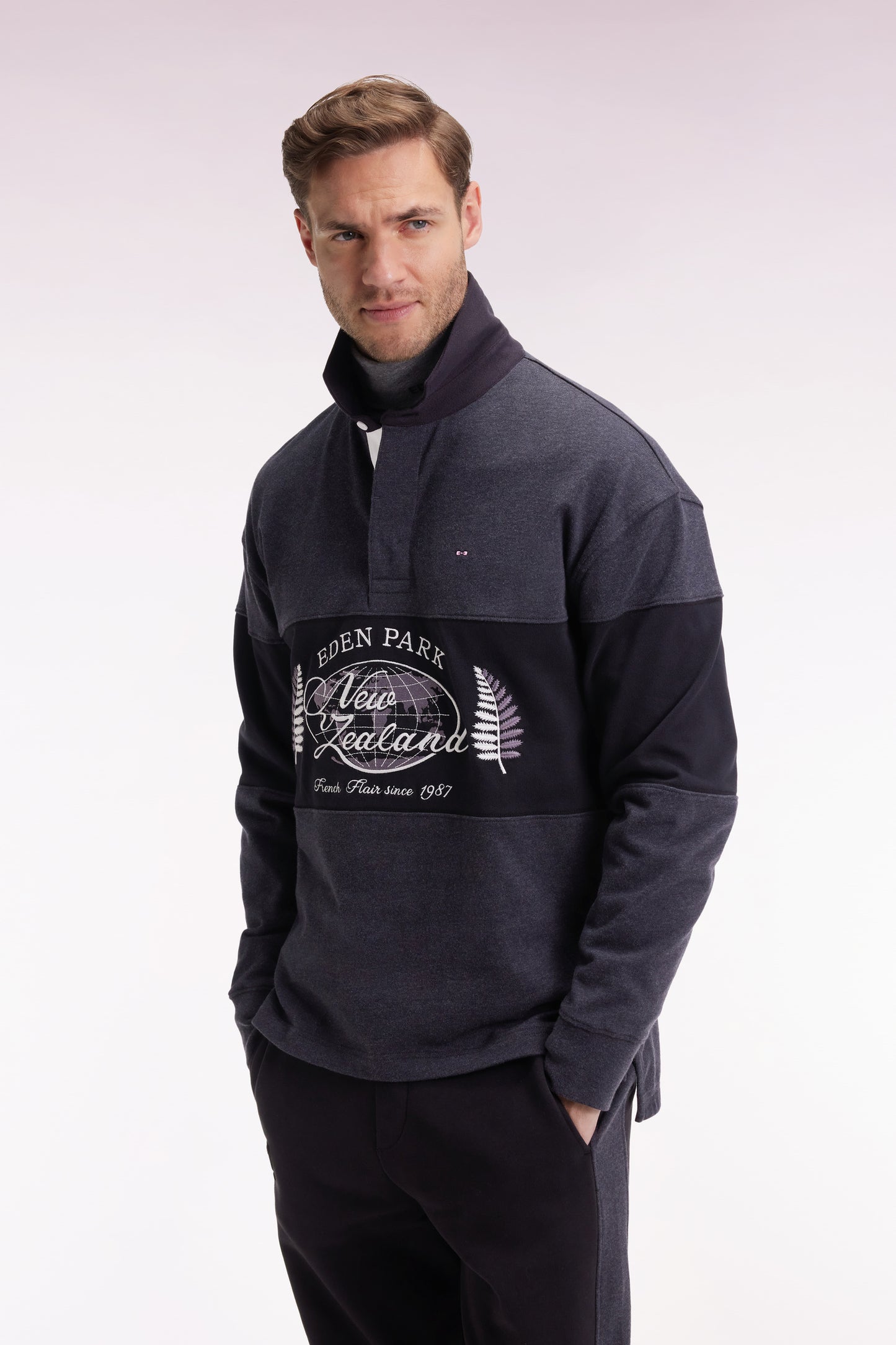 Black and grey long-sleeved jersey with New Zealand embroidery