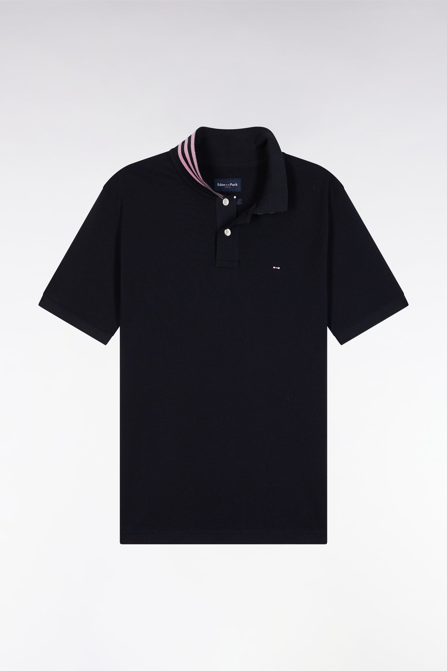Short-sleeved polo shirt in navy Pima cotton with striped undercollar, straight cut