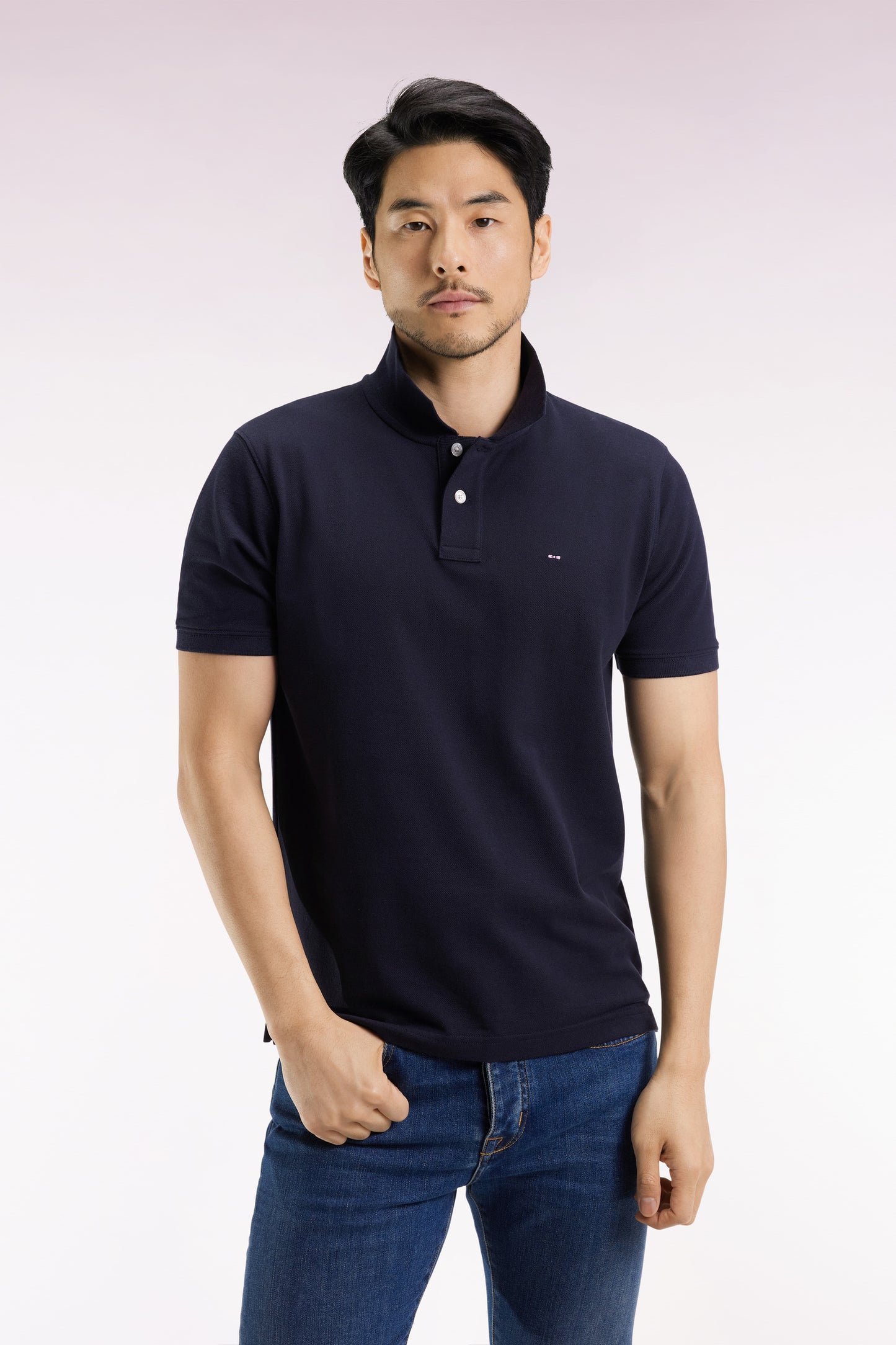 Polo manches courtes en coton Pima marine coupe droite