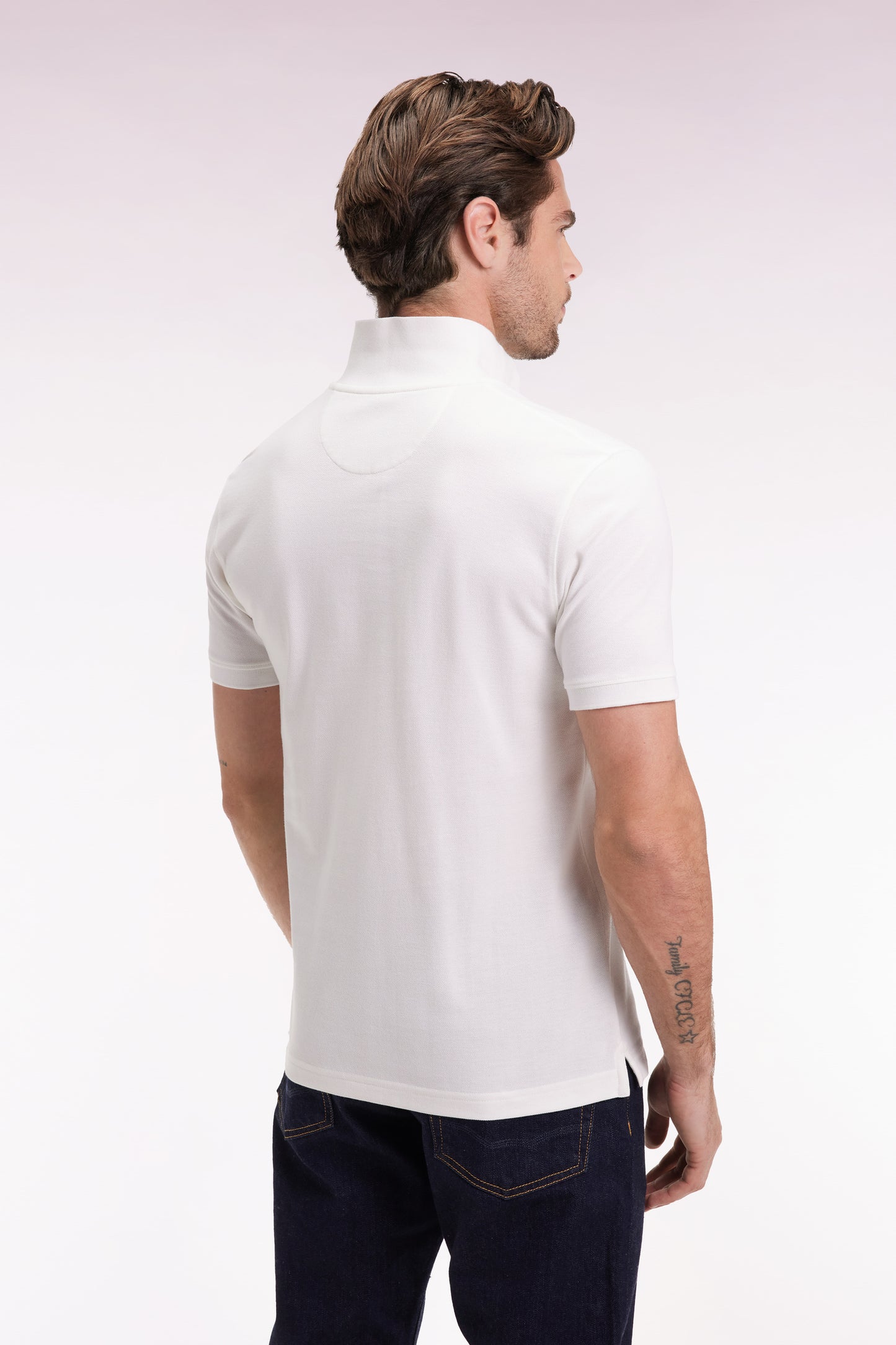 Short-sleeved polo shirt in white Pima cotton, straight cut