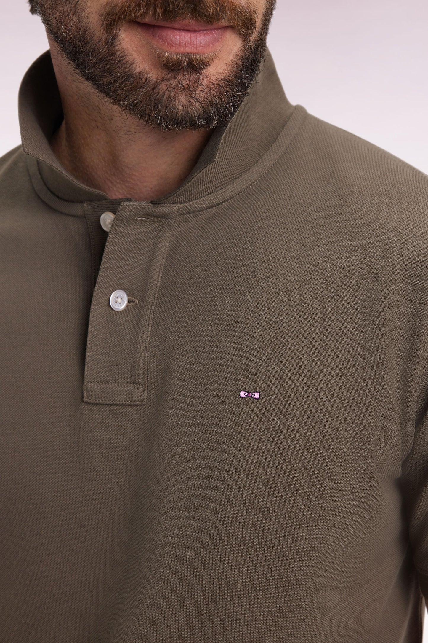 Short-sleeved polo shirt in khaki Pima cotton, straight cut
