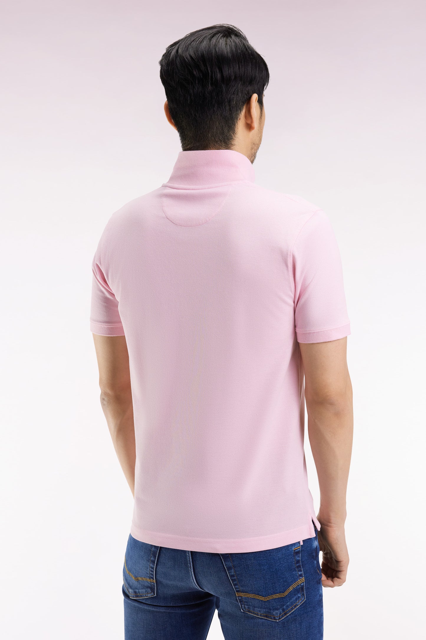 Short-sleeved polo shirt in pink Pima cotton, straight cut