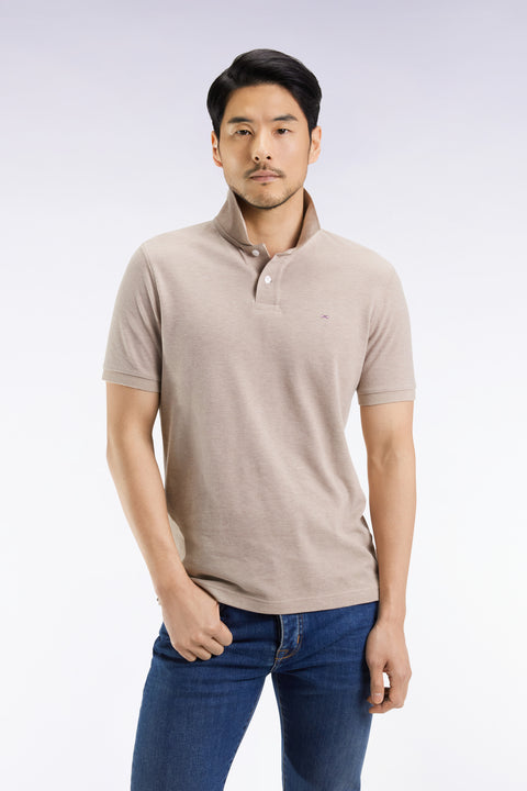 Polo manches courtes en coton chiné beige coupe droite - Image 3