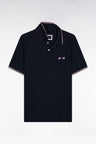 Short-sleeved polo shirt in navy cotton with hooped embroidery
