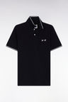 Short-sleeved polo shirt in black cotton with hooped embroidery