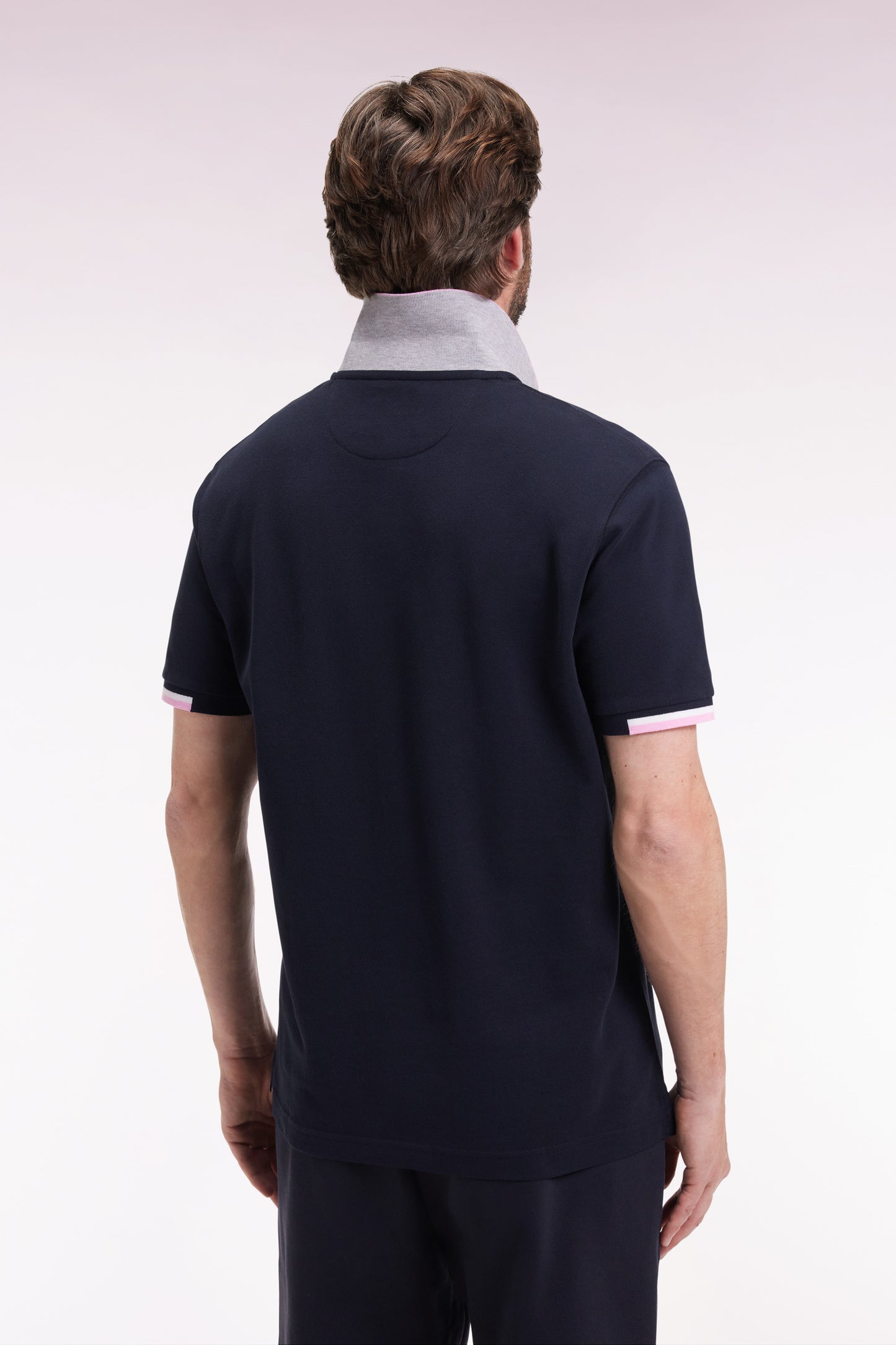 Short-sleeved polo shirt in navy cotton with tricolored details, loose fit