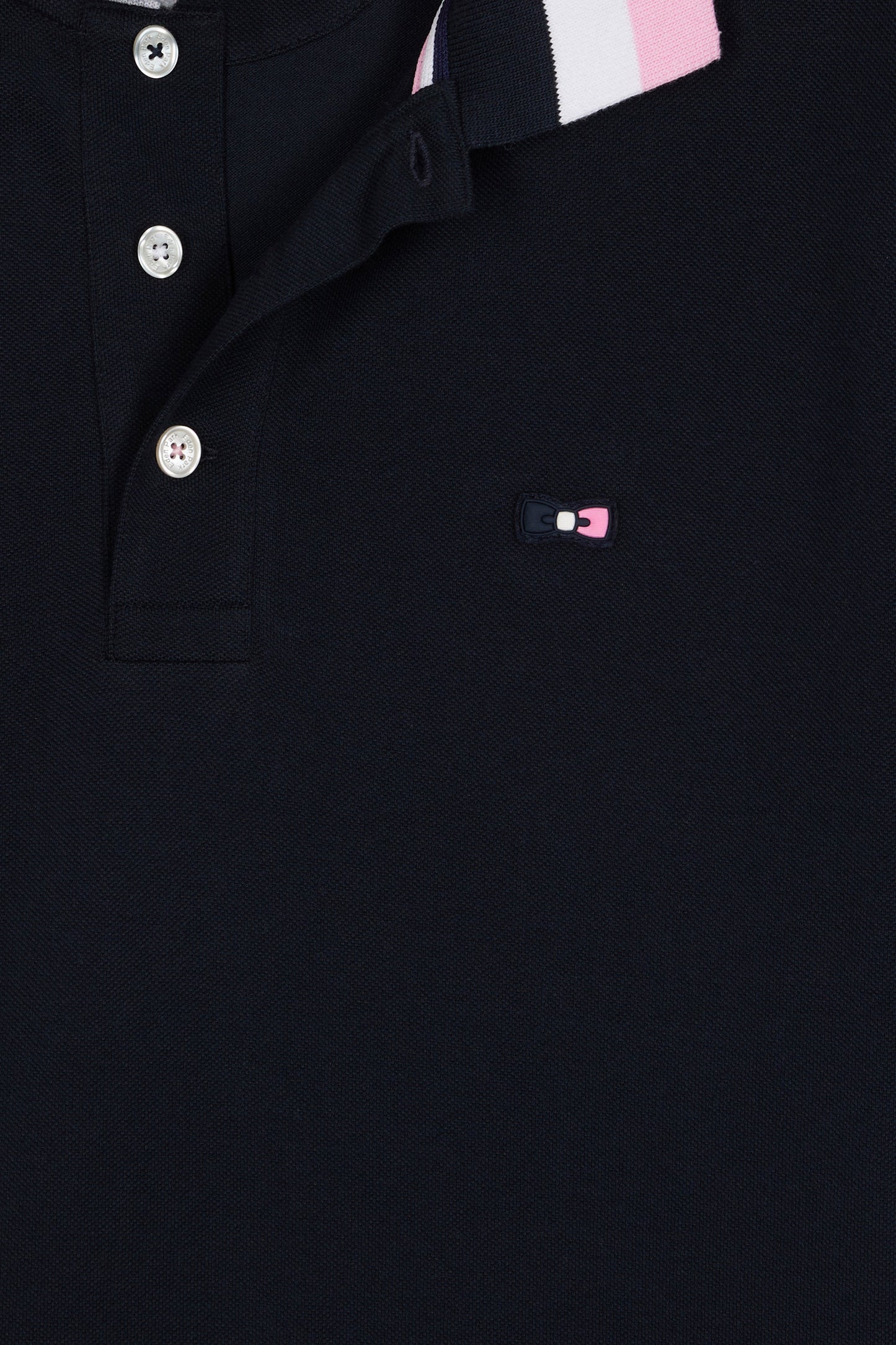Short-sleeved polo shirt in navy cotton with tricolored details, loose fit