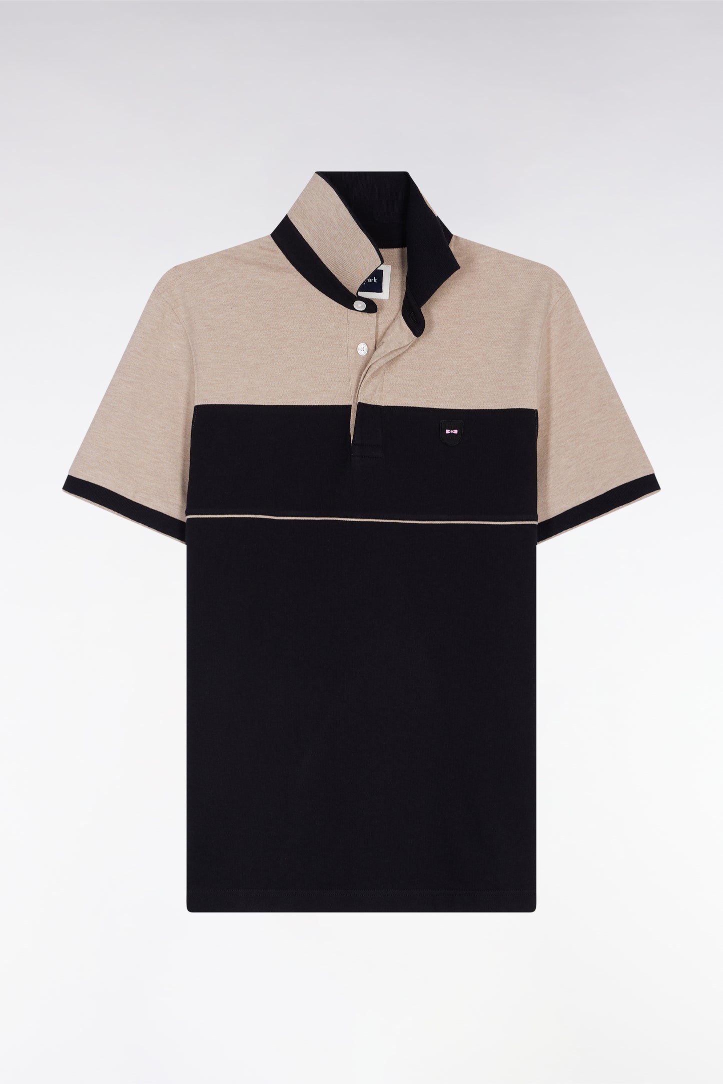 Two-tone short-sleeved polo shirt in black stretch cotton piqué, slim fit