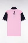 Short-sleeved pink and navy polo shirt with tricolored trim, straight cut