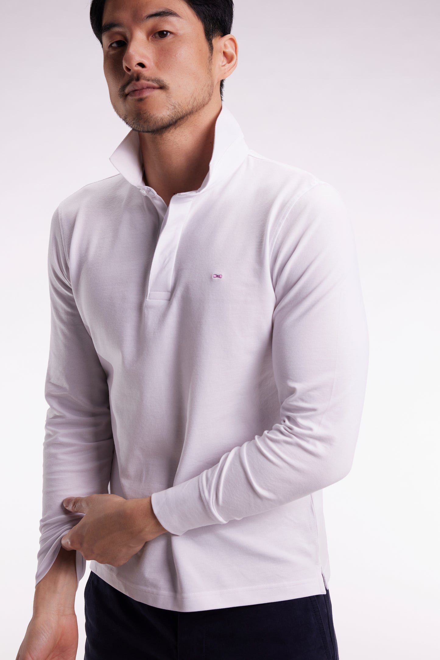 Polo à manches longues en coton stretch blanc coupe slim