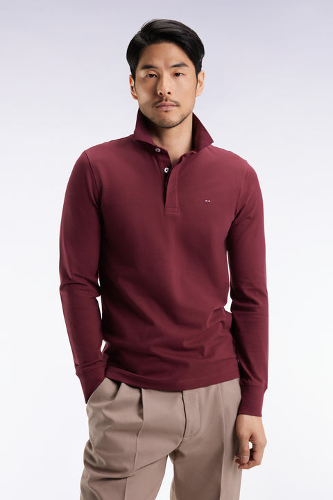 Polo à manches longues en coton stretch bordeaux coupe slim - Image 1
