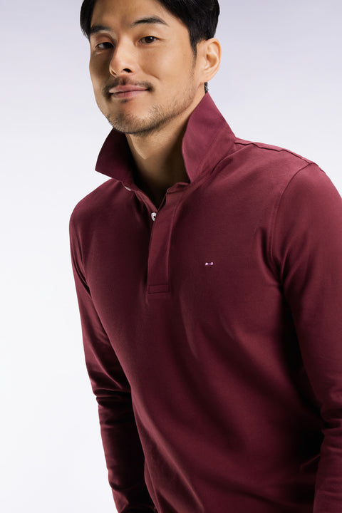 Polo à manches longues en coton stretch bordeaux coupe slim - Image 3