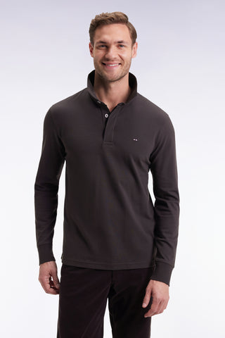 Long-sleeved polo shirt in brown stretch cotton, slim fit