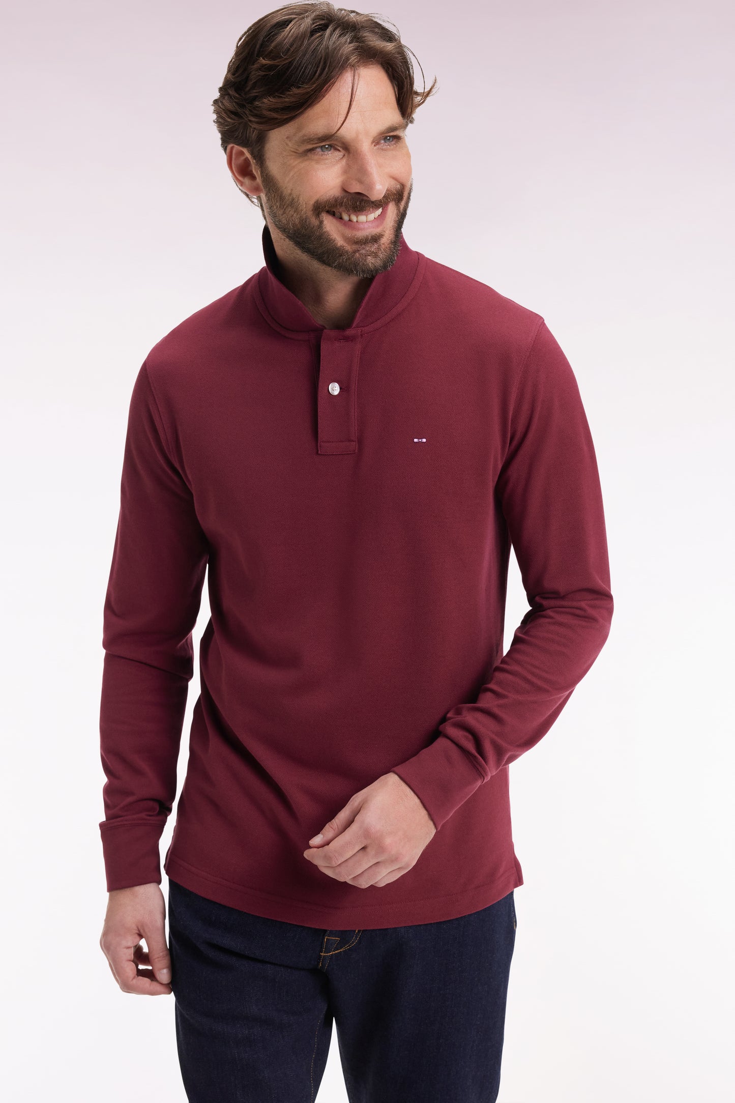 Polo à manches longues en coton Pima bordeaux coupe droite