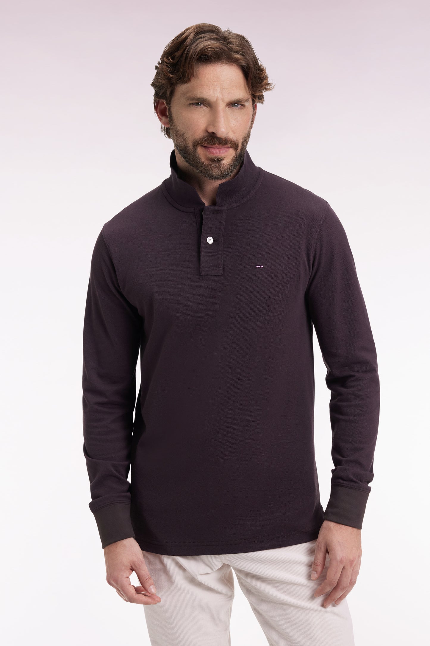 Polo à manches longues en coton Pima marron coupe droite