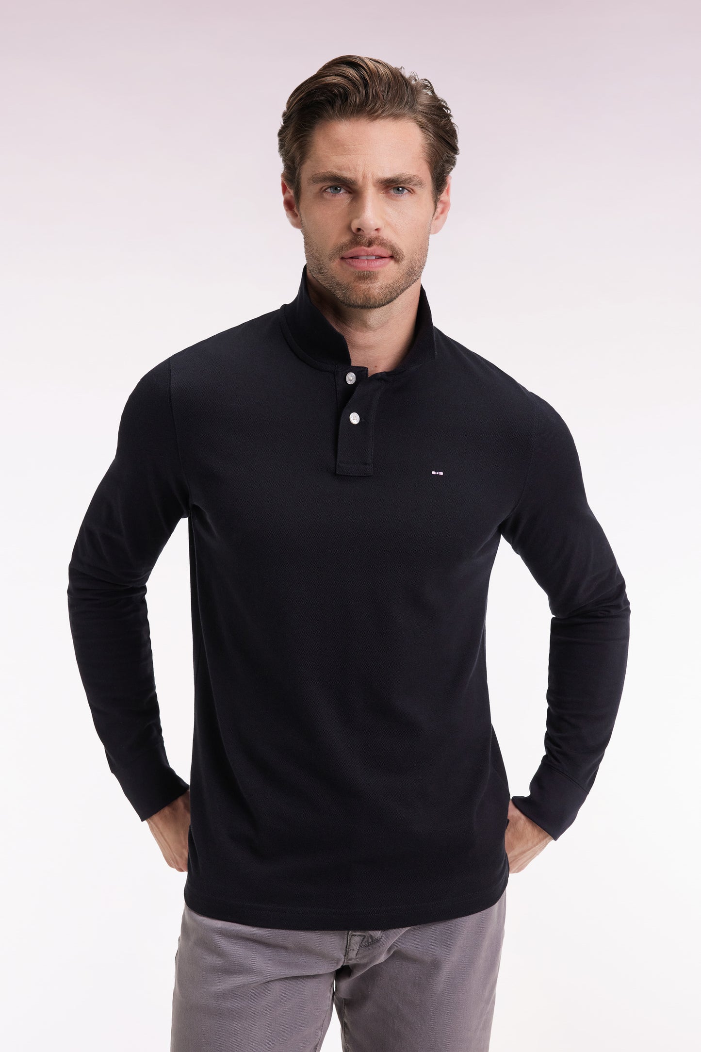 Polo à manches longues en coton Pima noir coupe droite