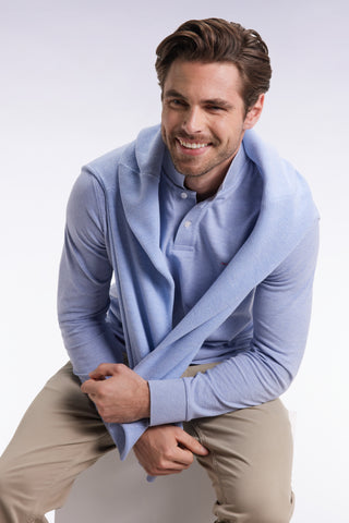 Long-sleeved polo shirt in sky-blue mottled cotton, straight cut