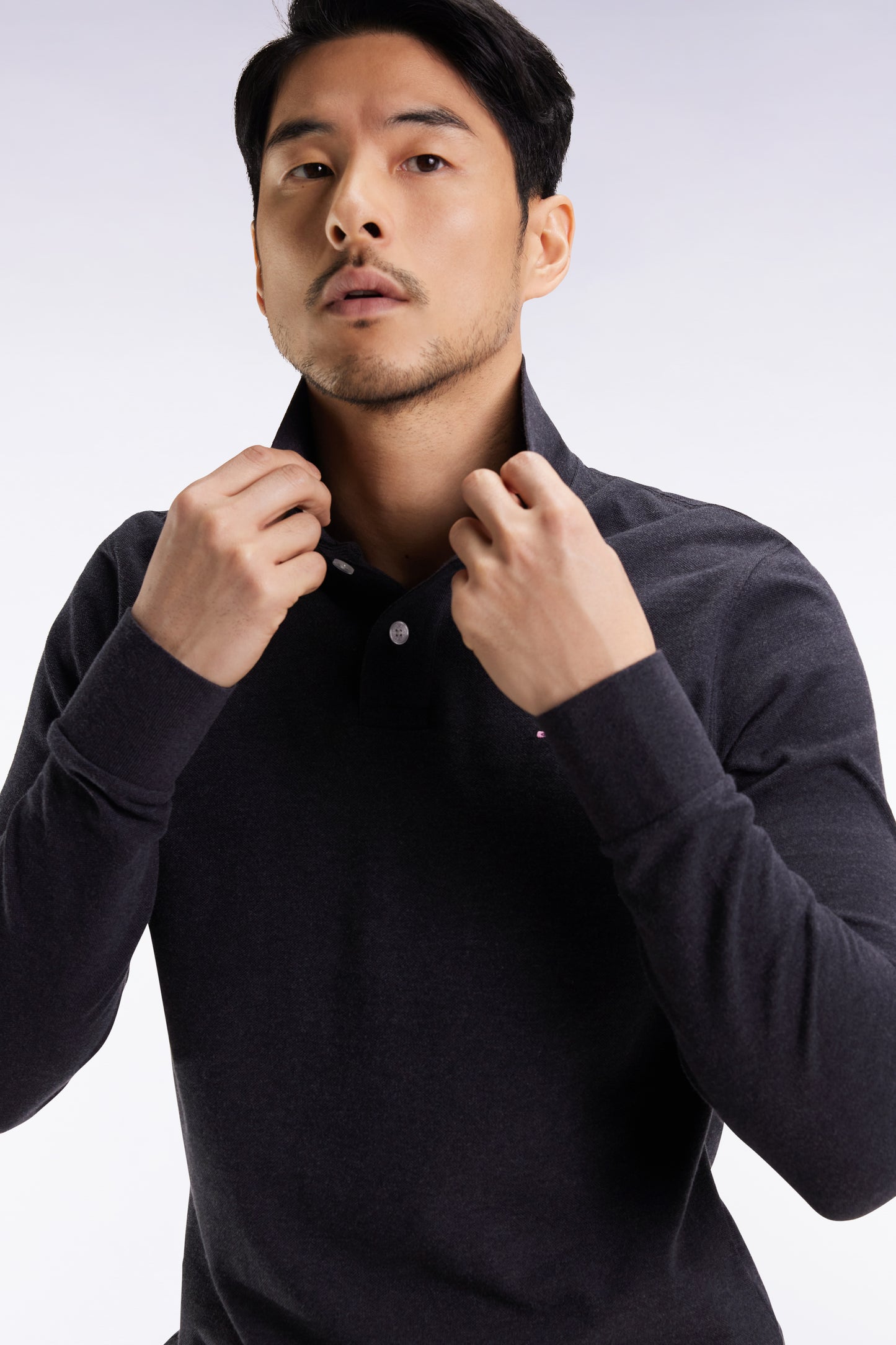 Long-sleeved polo shirt in dark grey mottled cotton, straight cut