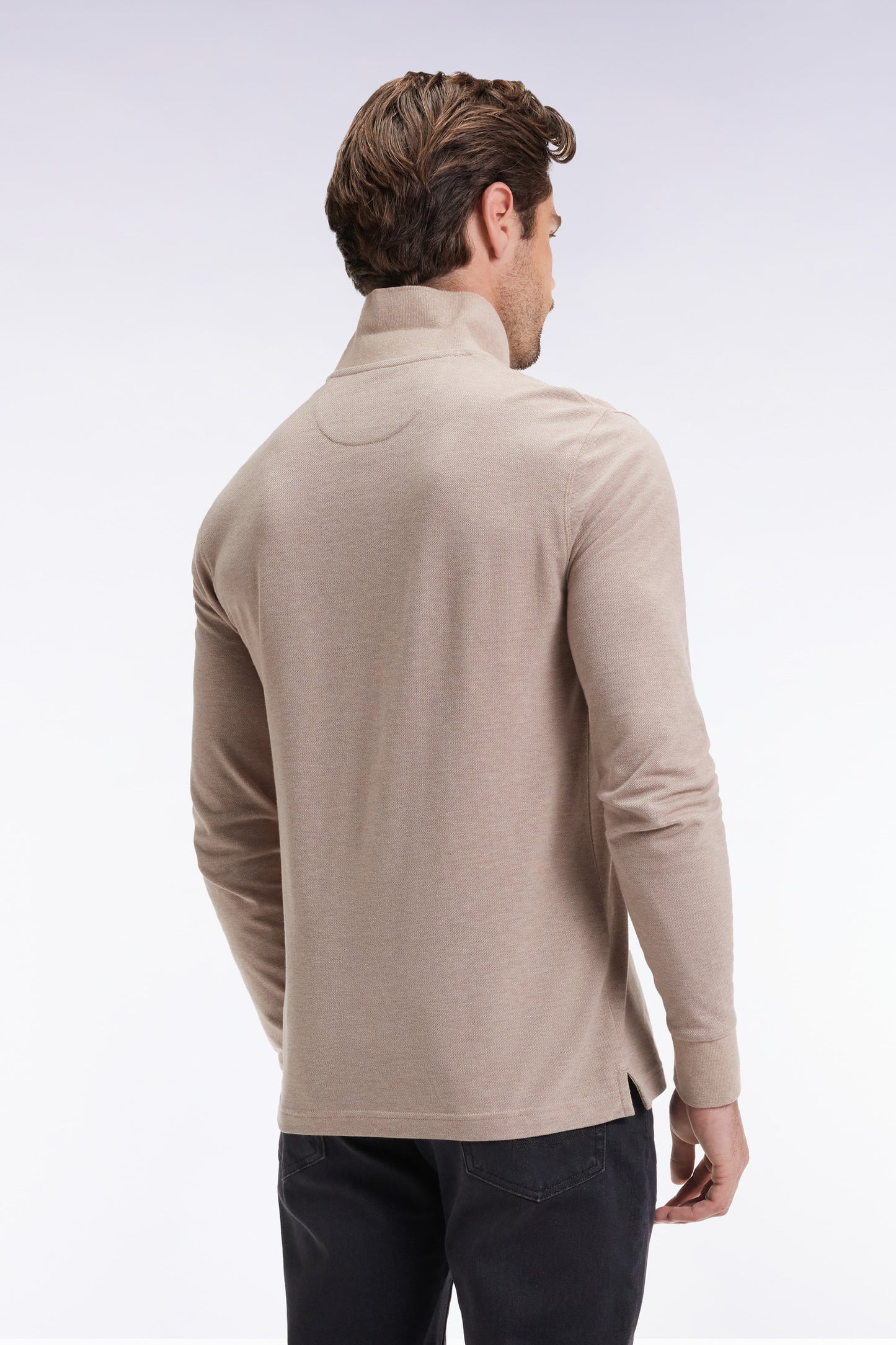 Long-sleeved polo shirt in beige mottled cotton, straight cut