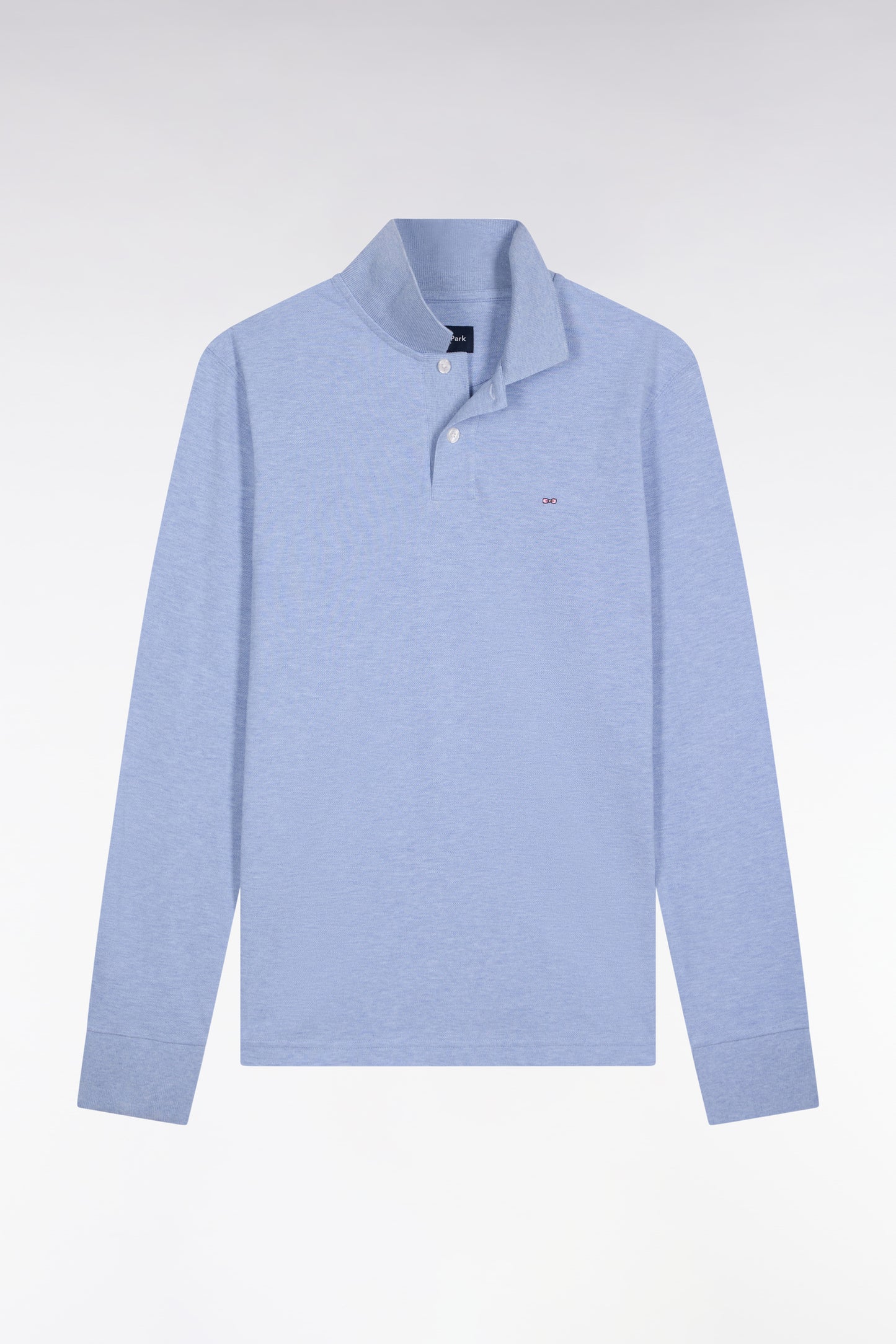 Polo à manches longues en coton chiné ciel coupe droite