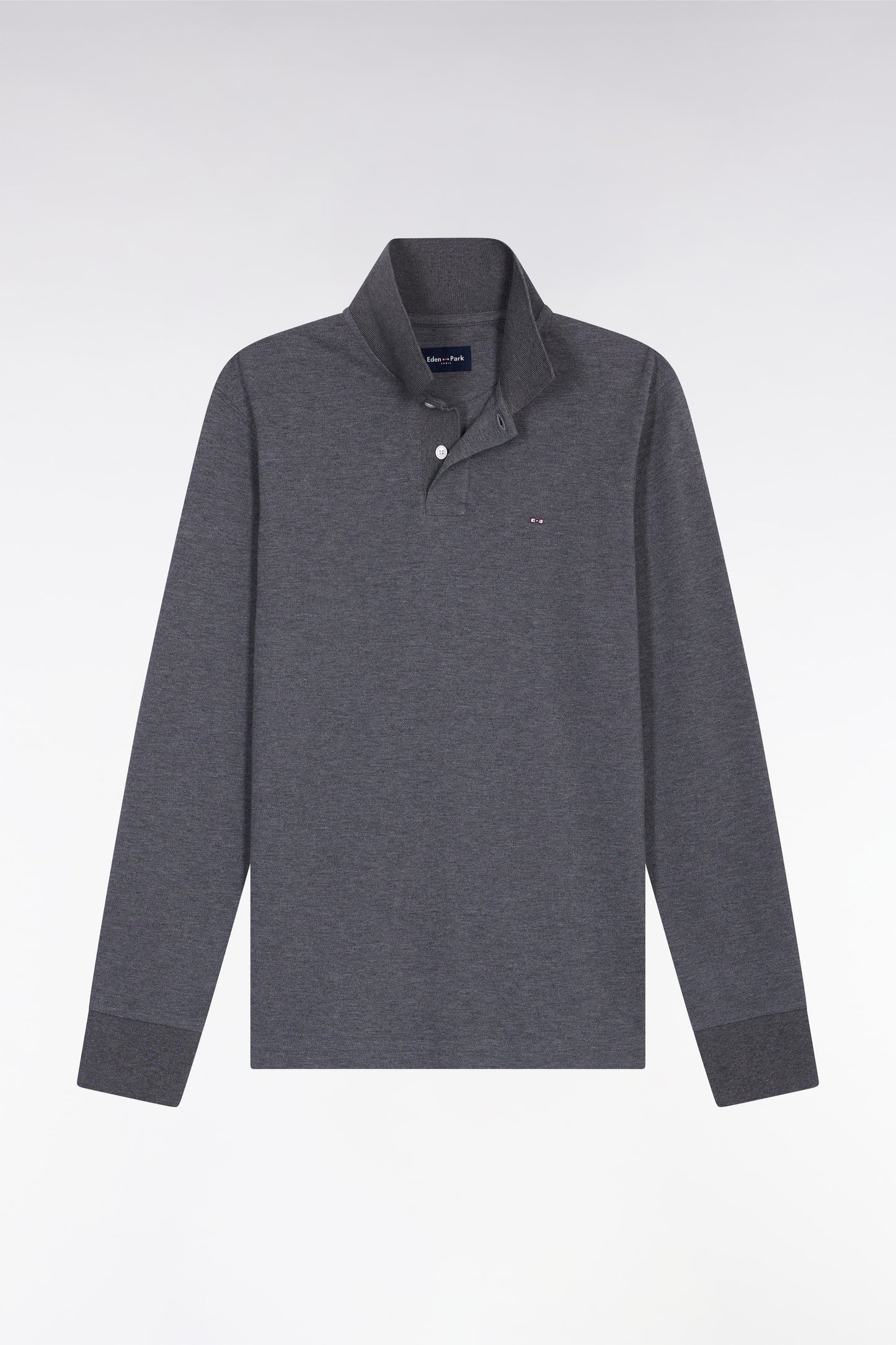 Polo à manches longues en coton chiné gris coupe droite