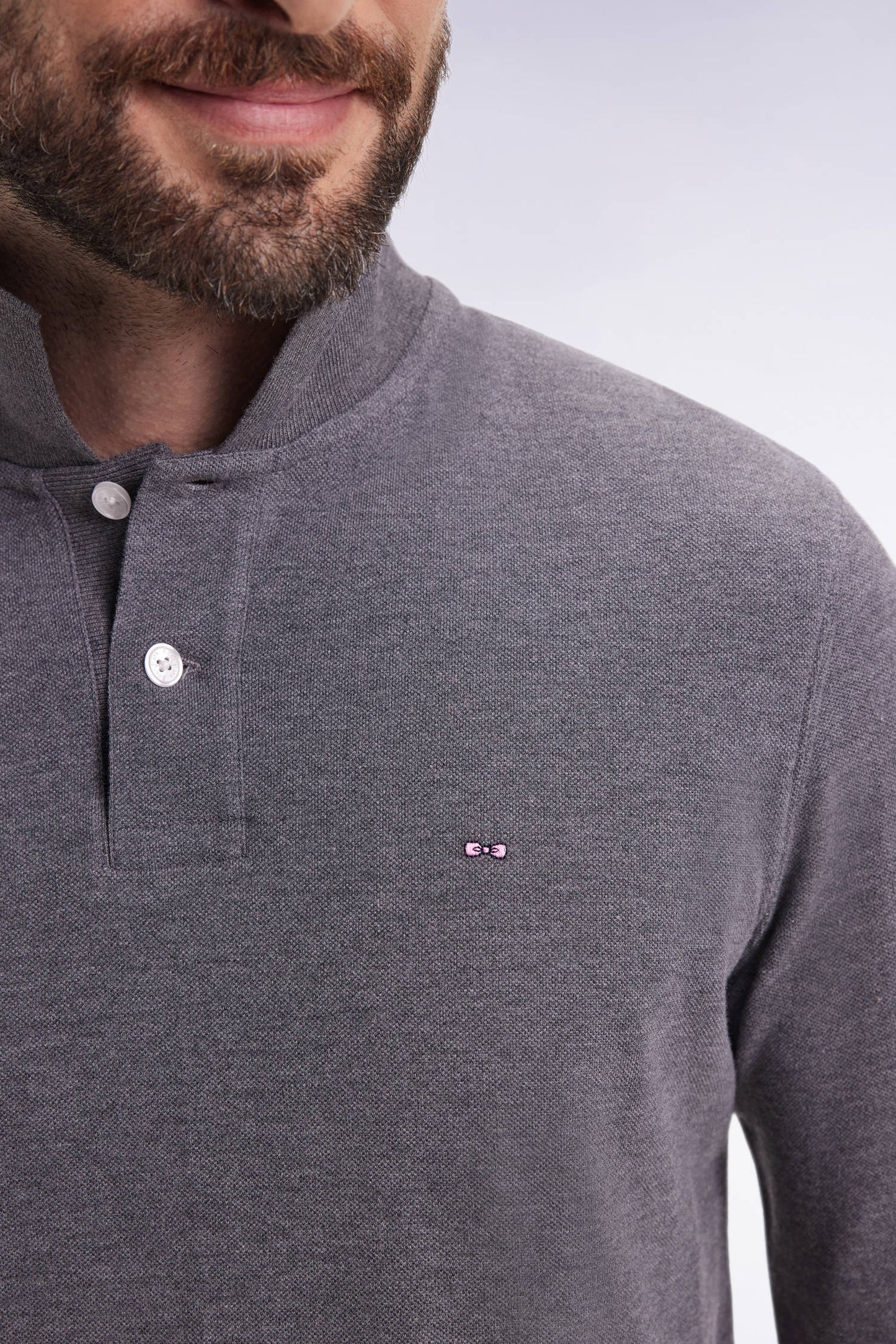 Long-sleeved polo shirt in grey mottled cotton, straight cut