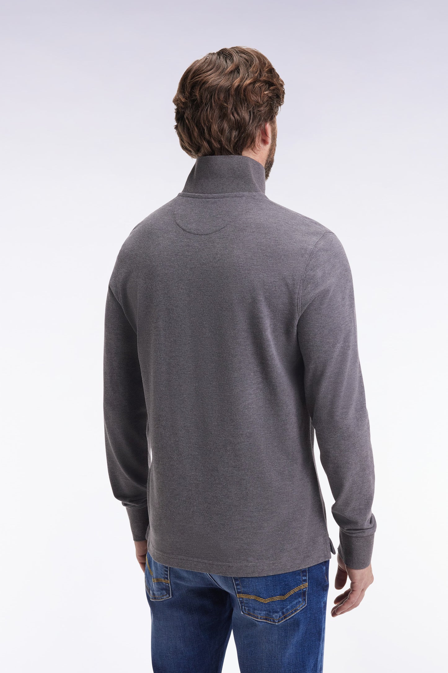 Polo à manches longues en coton chiné gris coupe droite