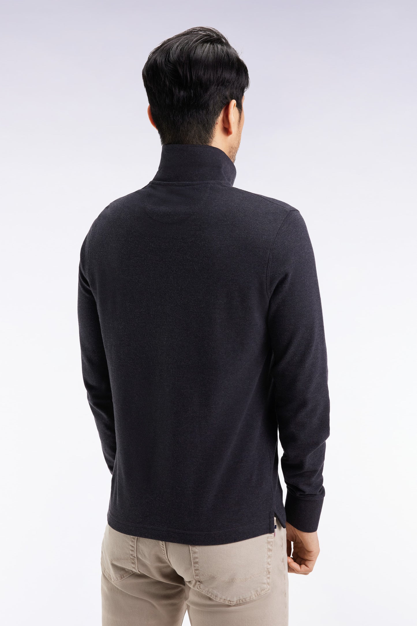Polo à manches longues en coton chiné gris foncé coupe droite