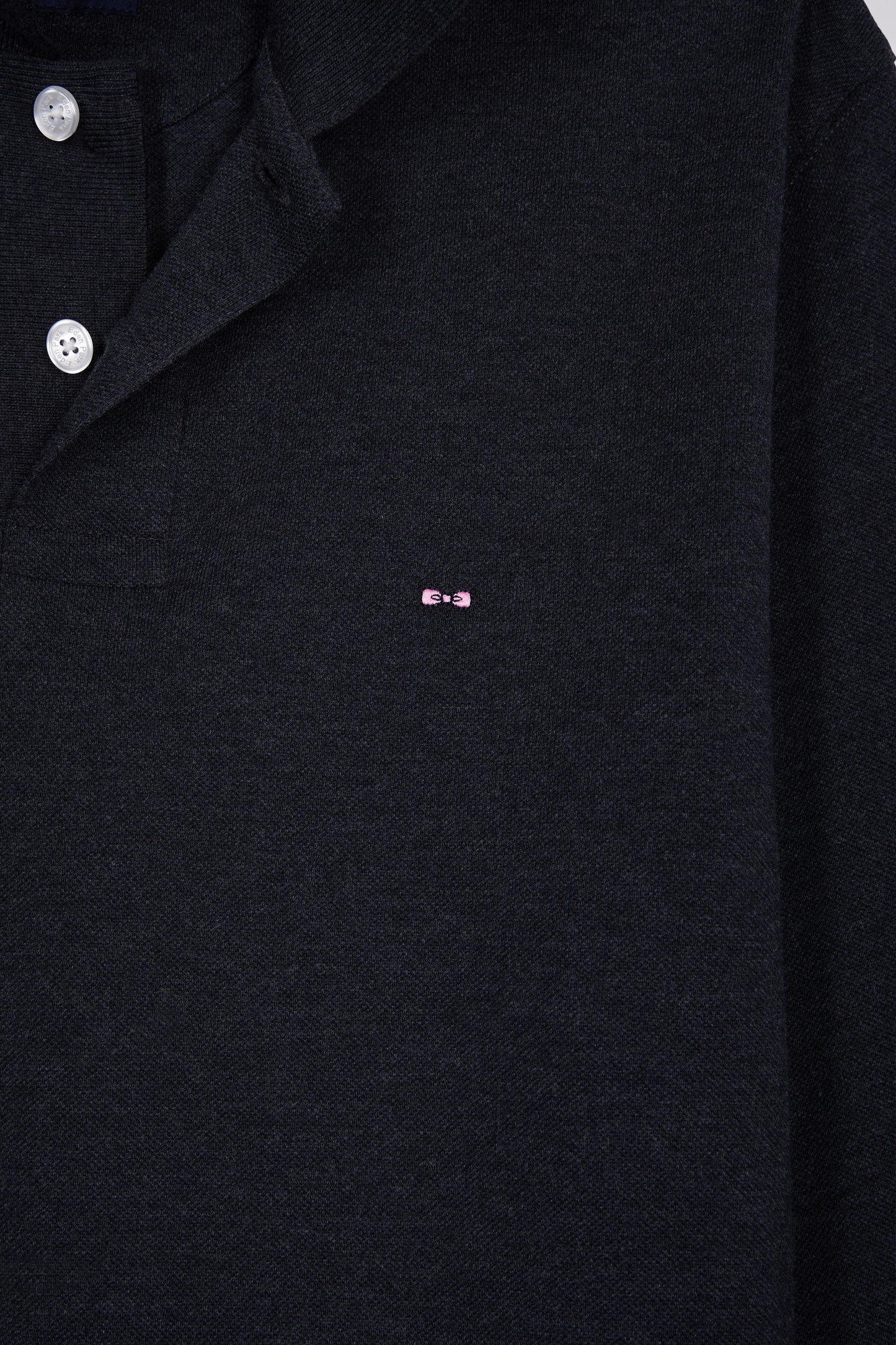 Long-sleeved polo shirt in dark grey mottled cotton, straight cut