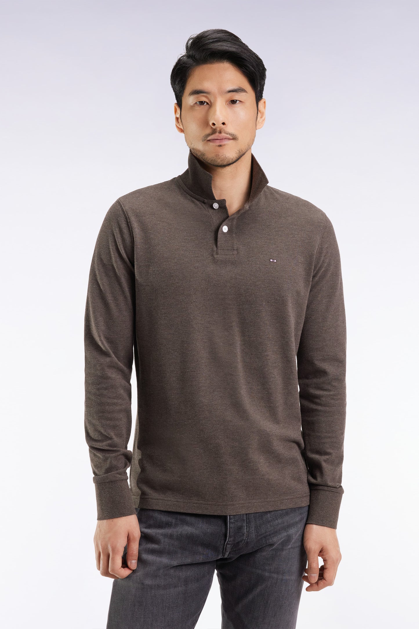 Polo à manches longues en coton chiné marron coupe droite