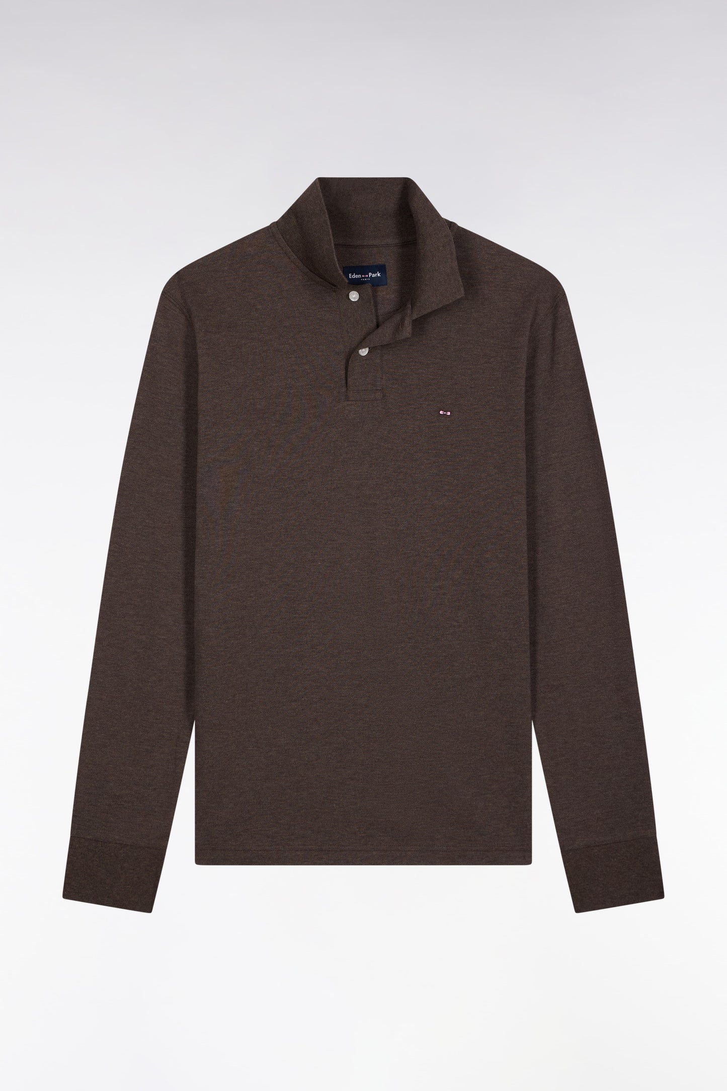 Polo à manches longues en coton chiné marron coupe droite