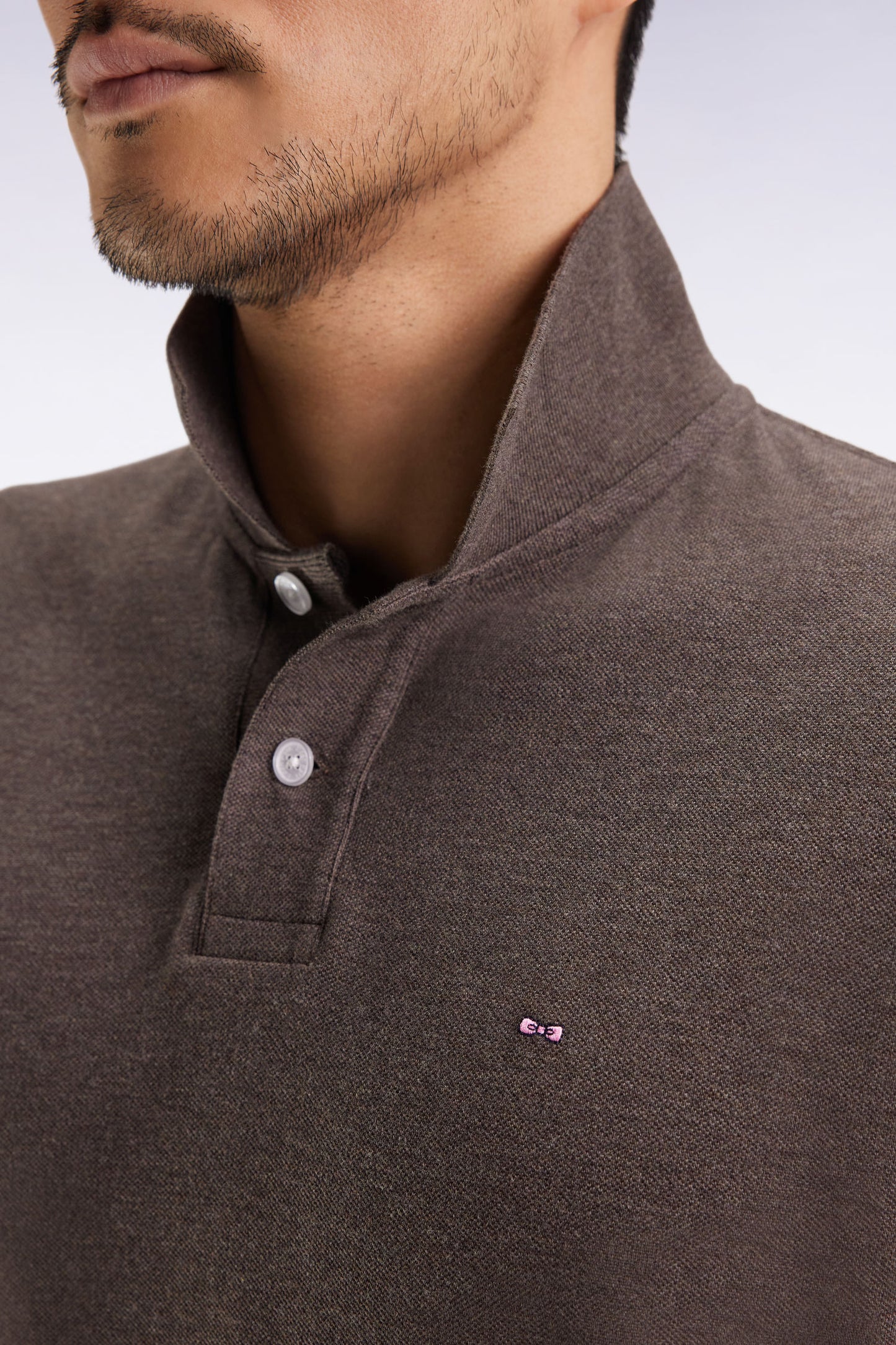 Long-sleeved polo shirt in brown mottled cotton, straight cut