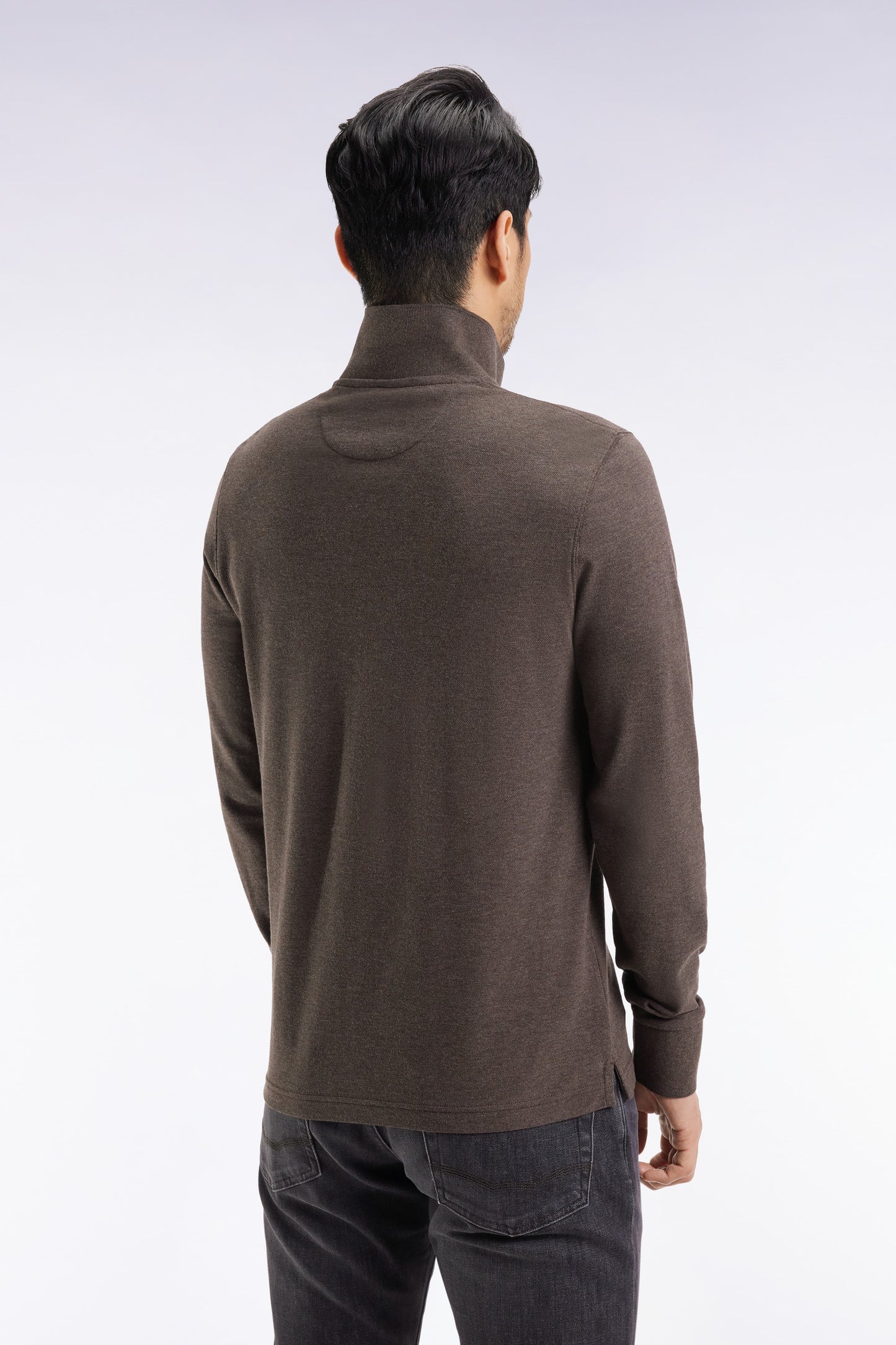 Polo à manches longues en coton chiné marron coupe droite