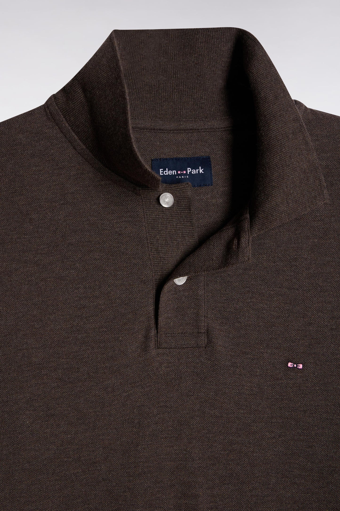 Long-sleeved polo shirt in brown mottled cotton, straight cut