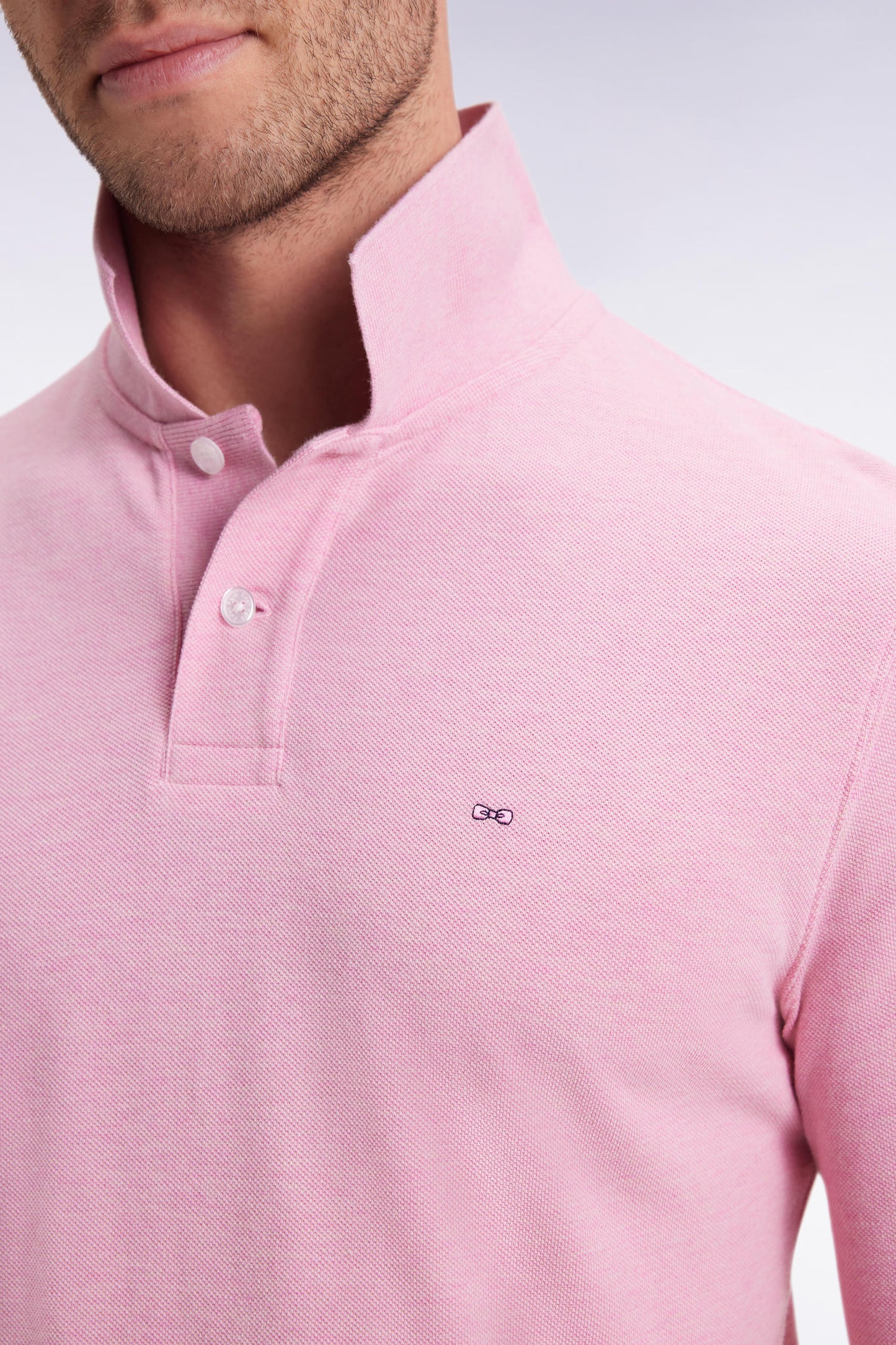 Polo à manches longues en coton chiné rose coupe droite