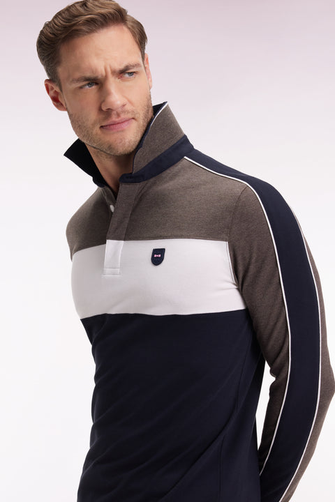 Three-tone long-sleeved polo shirt in brown stretch cotton, slim fit - Image 1