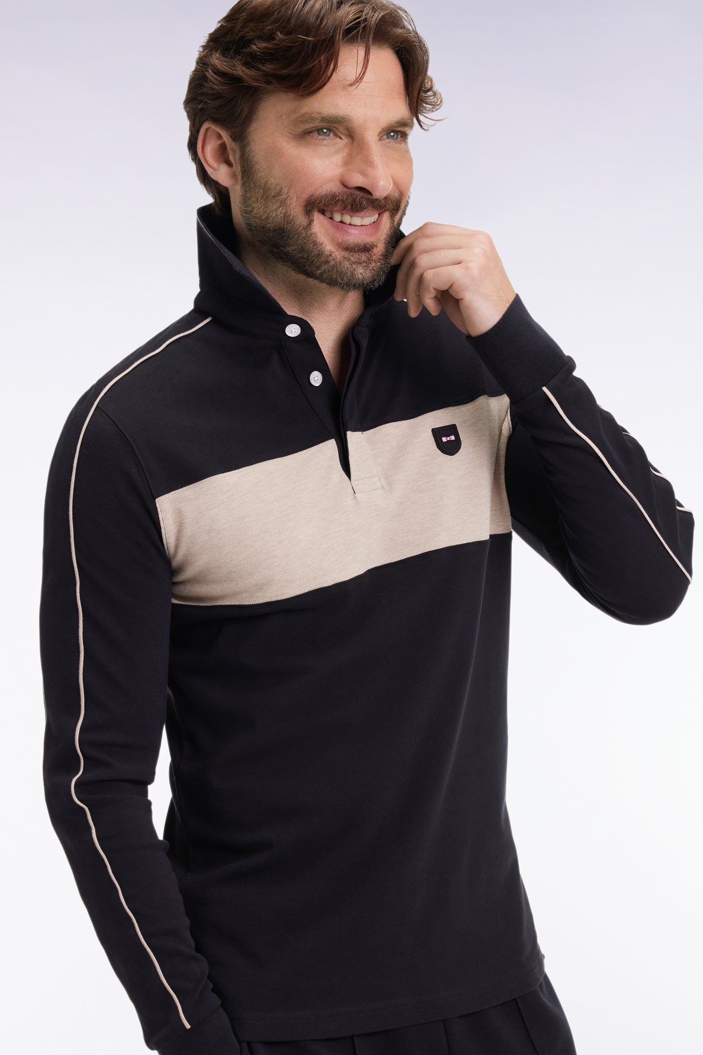 Polo tricolore à manches longues en coton stretch noir coupe slim