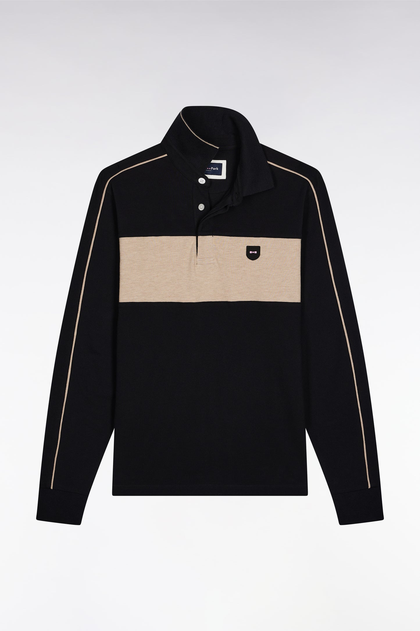 Polo tricolore à manches longues en coton stretch noir coupe slim
