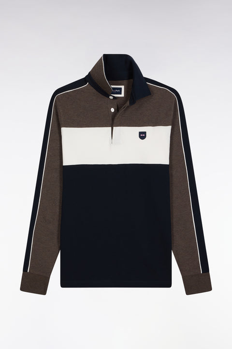 Three-tone long-sleeved polo shirt in brown stretch cotton, slim fit - Image 2