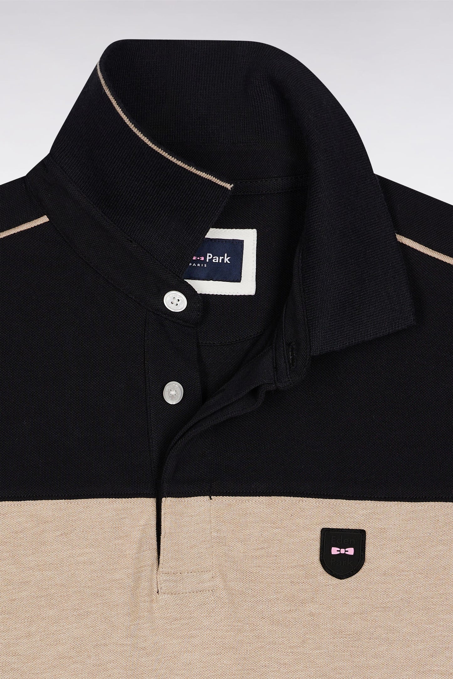 Polo tricolore à manches longues en coton stretch noir coupe slim
