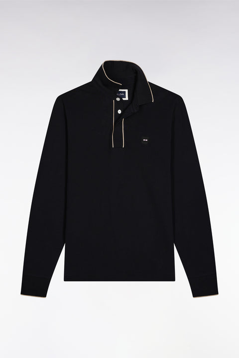Long-sleeved polo shirt in black stretch cotton with piping, slim fit - Image 2