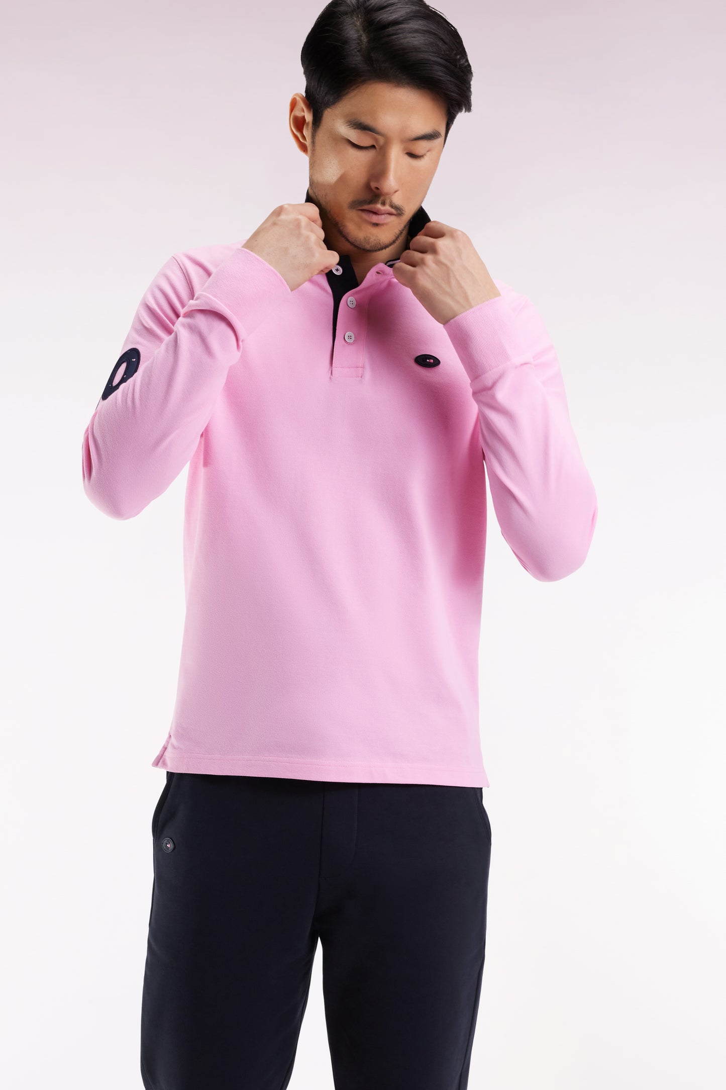 Long-sleeved polo shirt in pink cotton with embroidery, straight cut