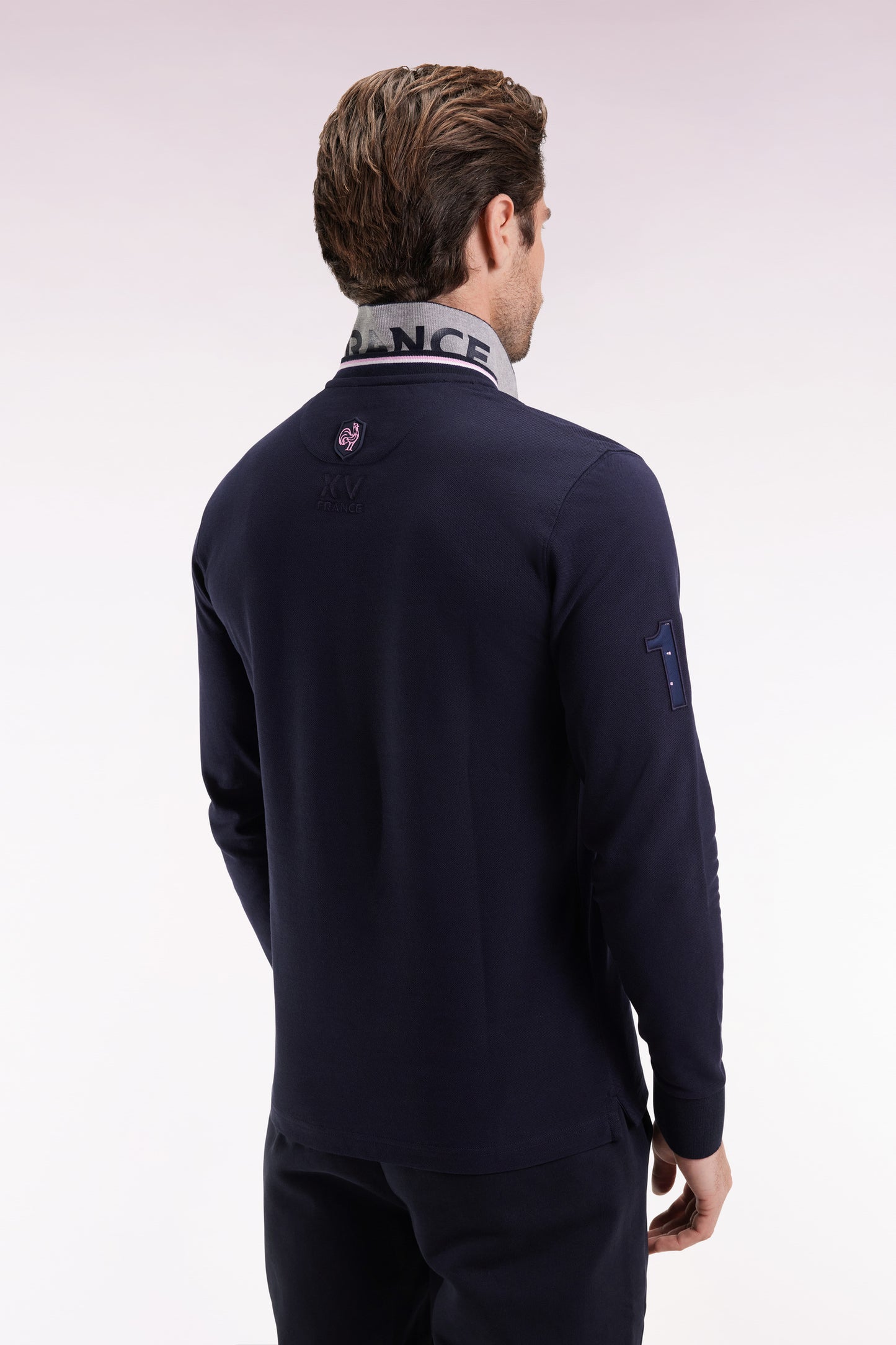 Polo à manches longues en coton marine brodé coupe droite