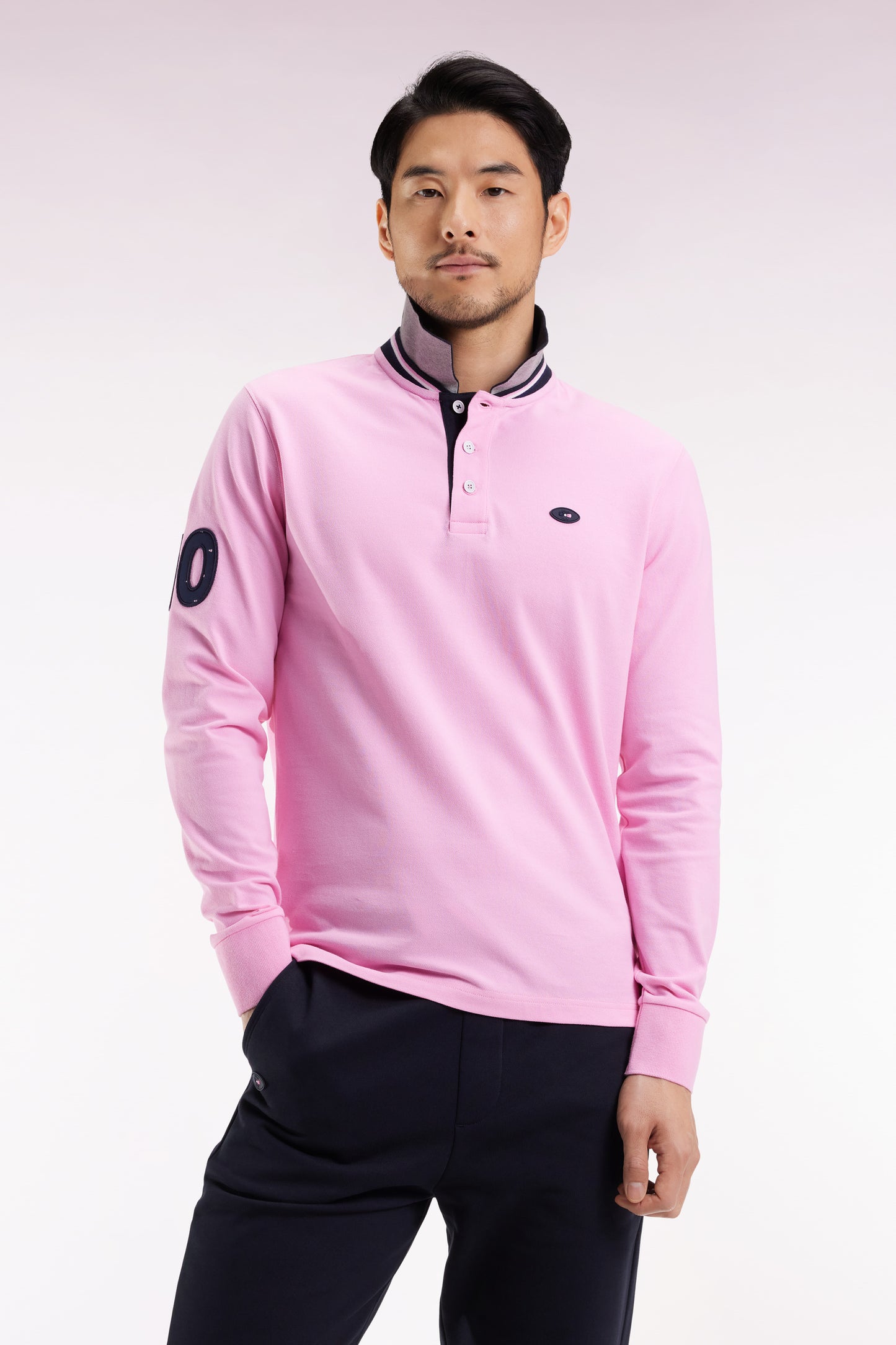 Long-sleeved polo shirt in pink cotton with embroidery, straight cut