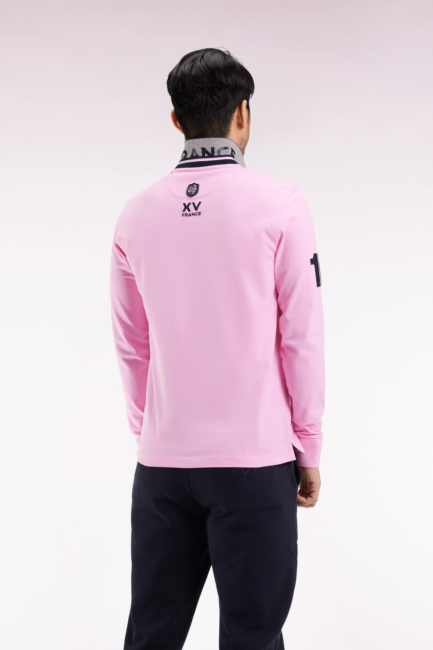 Long-sleeved polo shirt in pink cotton with embroidery, straight cut