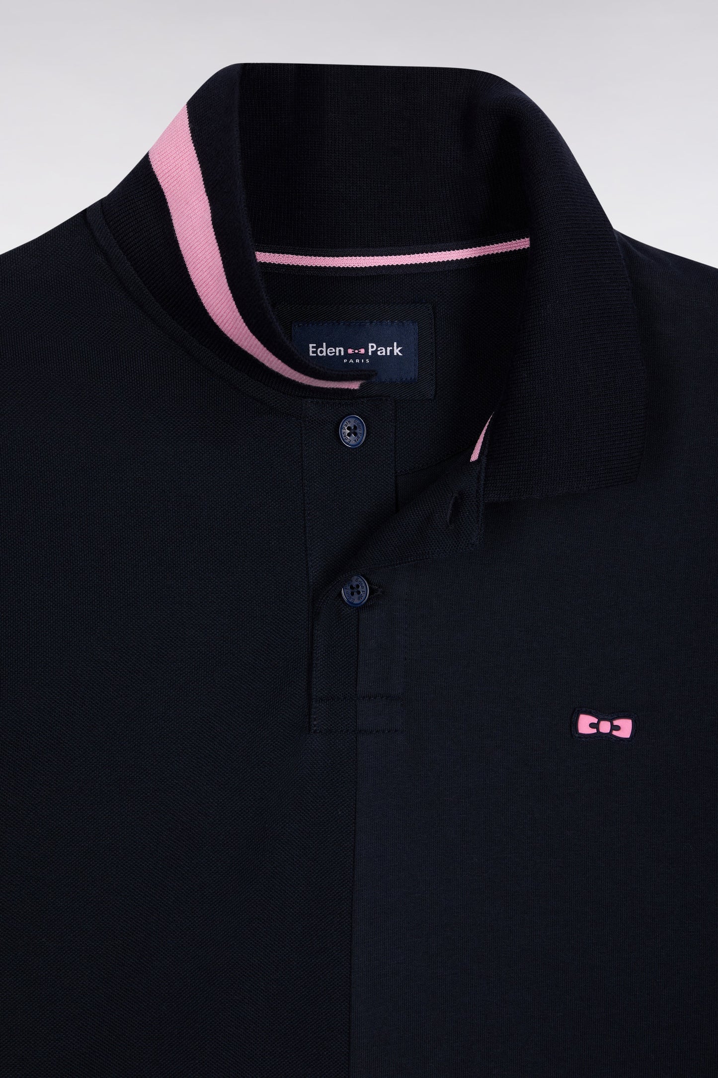 Polo à manches longues en piqué coton marine liserés roses coupe Relaxed