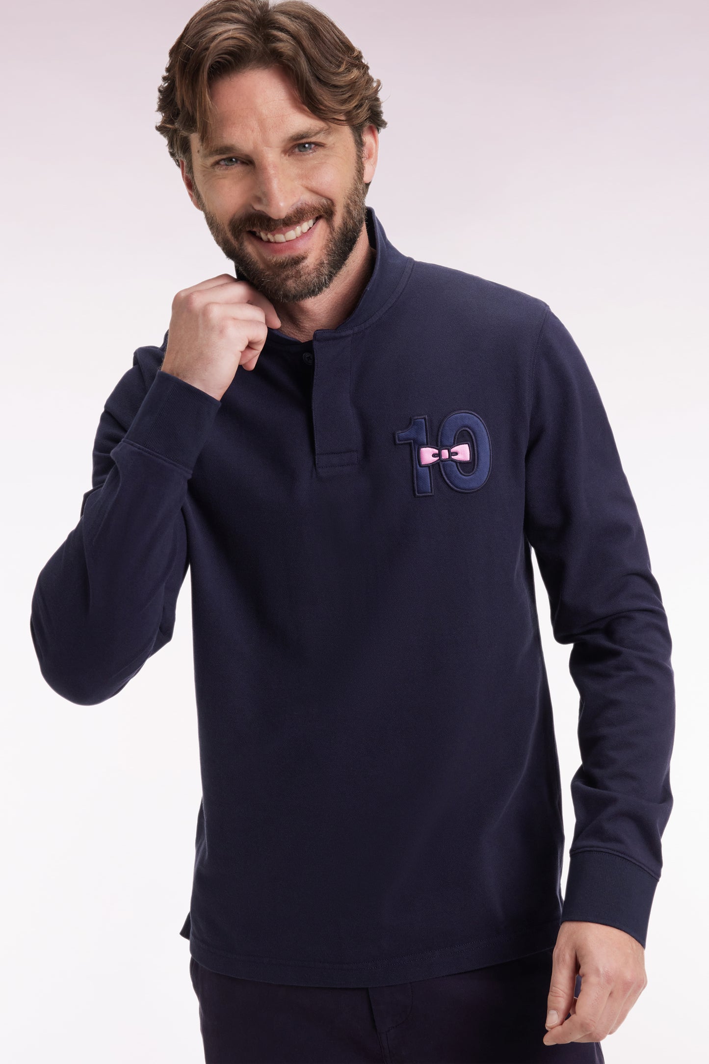 Polo à manches longues en piqué coton marine broderie 10