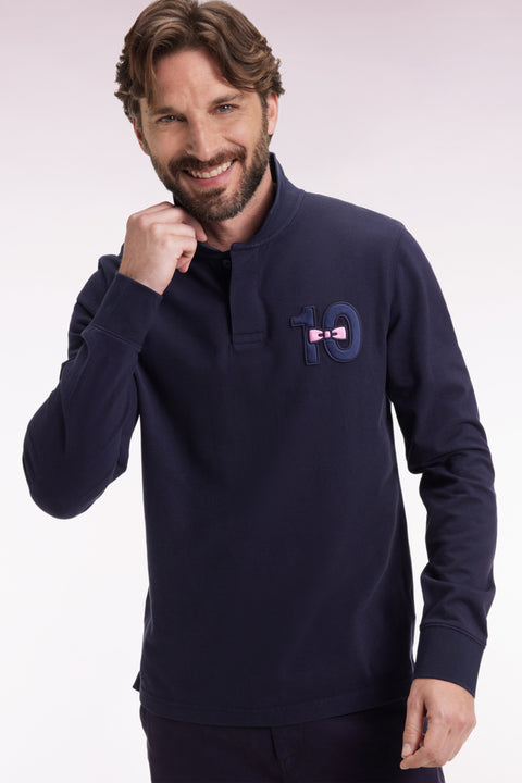 Navy cotton piqué long-sleeve polo with 10" embroidery - Image 1