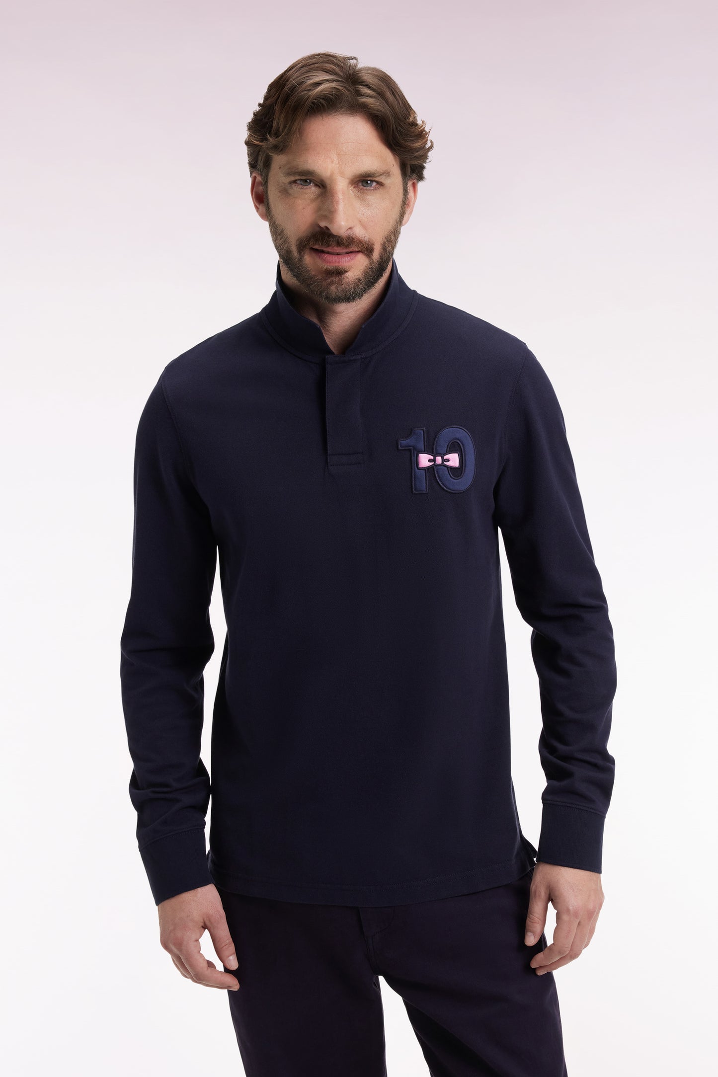 Polo à manches longues en piqué coton marine broderie 10