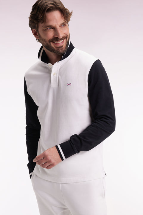 Long-sleeved polo shirt in two-tone cotton piqué, white, embroidered 10 - Image 1